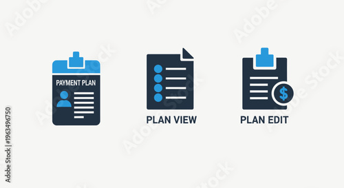 Business process management icon set showing plan configuration, document viewing, and financial editing symbols for corporate project planning and professional task workflow documentation interfaces
