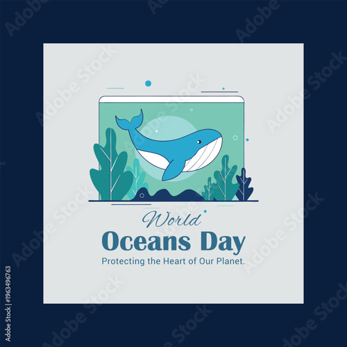 Illustration for world oceans day featuring a blue whale and underwater plants in a frame.