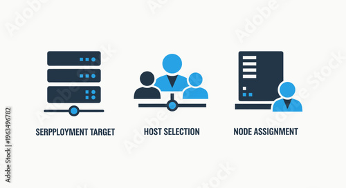 Set of network architecture and server deployment icons including host selection and node assignment for it infrastructure and cloud management system diagrams in a clean modern flat graphic style