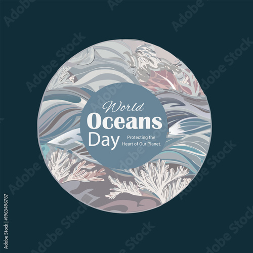 World oceans day commemorative graphic with stylized wave and coral illustrations in a circular frame.