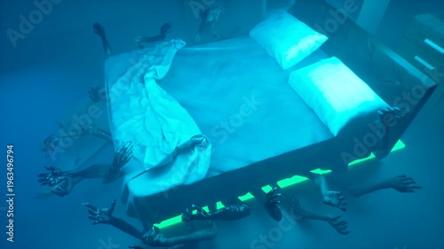 Monster demon clawed hands reaching from under bed in dark bedroom — horror 3D render concept of nightmare