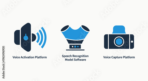 Voice interaction and speech recognition technology icons set featuring speaker, AI audio processing, and sound capture platform for smart digital assistant and voice recognition software concept