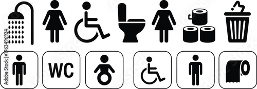 Public restroom and washroom icon set featuring male female disabled and nursery symbols with toilet paper and shower signs,