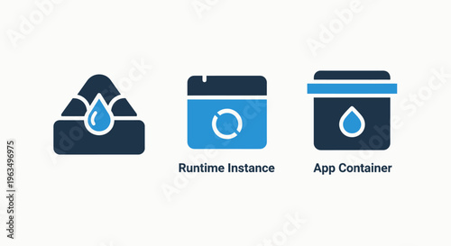 Software development and application infrastructure vector icon set for runtime and app container concepts