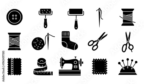Minimal flat sewing icon set with tailoring tools thread and fashion elements for web and app design