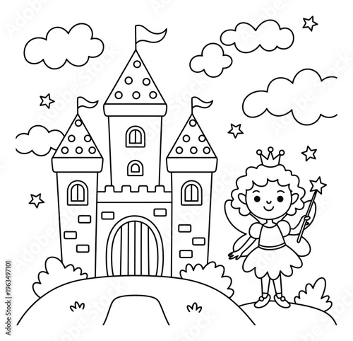 A cute fairy with a magic wand stands in front of a castle