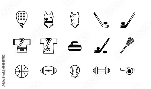 Modern sports line icon set with padel hockey table tennis and fitness symbols for UI and mobile app design