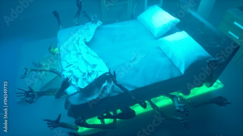 Monster demon clawed hands reaching from under bed in dark bedroom — horror 3D render concept of nightmare