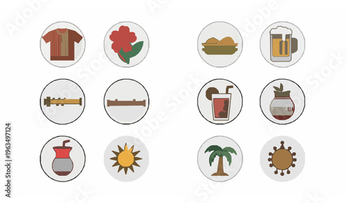 Paraguay travel icon pack in circular badge style with food drink and cultural symbols for mobile UI