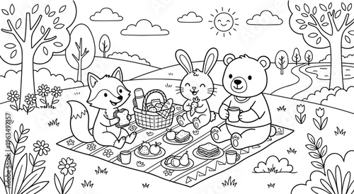 Forest animals picnic coloring page with fox rabbit bear and snacks.