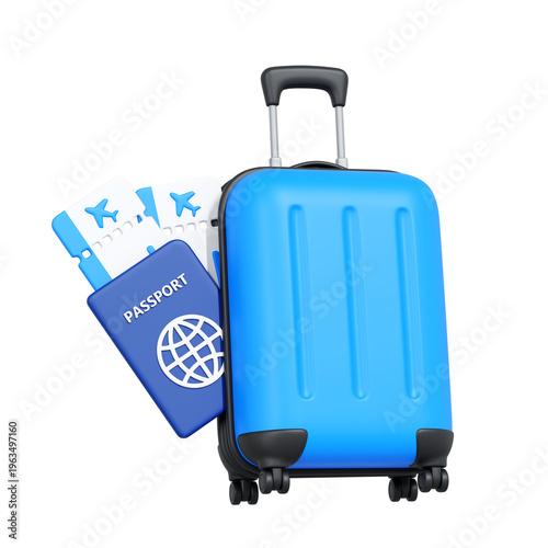 3D illustration of suitcase with passport and airline tickets representing travel, tourism and flight booking