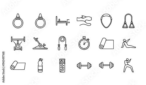 Modern pilates line icon set with resistance ring band chair and fitness equipment for UI and mobile app design