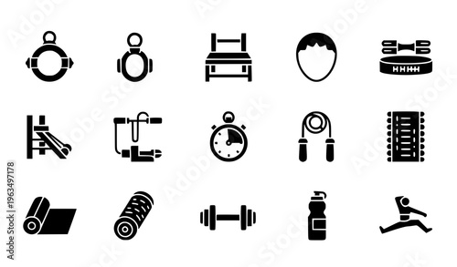 Minimal flat pilates icon set with resistance band ring and workout equipment for web and app design