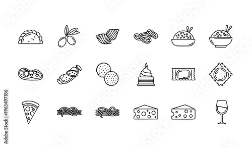 Linear Italian food icon set with calzone ravioli risotto and pasta symbols for UI and web design
