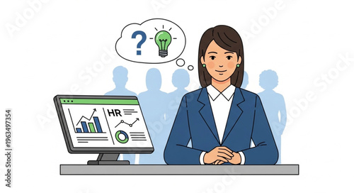 Businesswoman Contemplating Data Analysis with Question Mark and Light Bulb.