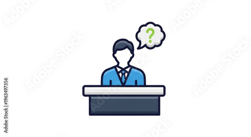 Confused Speaker at Podium with Question Mark Thought Bubble.