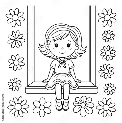 Cute Girl Sitting by Window Surrounded by Flowers Coloring Page