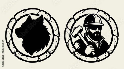 Black silhouette of a worker and dog.