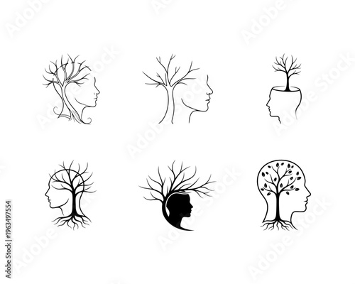 Symbol vector logo of human mental growth in connection with nature. Ecology concept