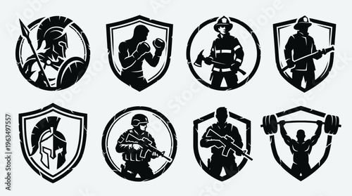 Black silhouette warrior fitness logos shield.