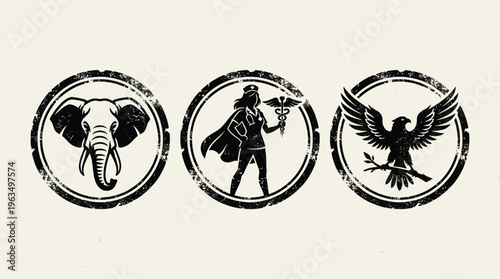 Black silhouettes of elephant warrior eagle.