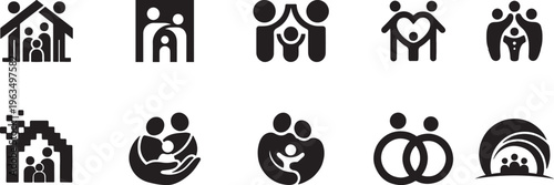Set of Minimalist Family Icons Representing Protection, Home, and Unity for Non-Profit or Social Service Branding