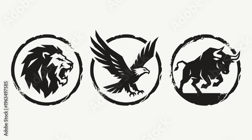 Black silhouettes of lion eagle bull.
