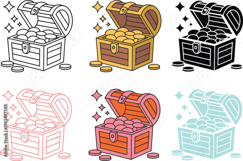 Photos Six colorful treasure chests filled with gold coins and sparkling stars six ches