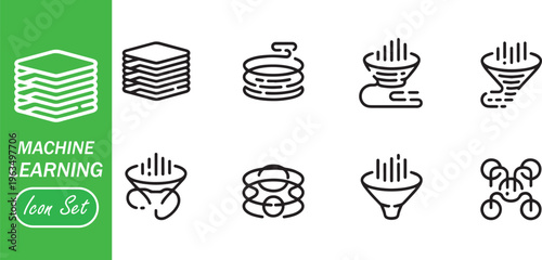 Machine Learning Data Processing Icon Set with Data Funnel and Layered Infrastructure Icons