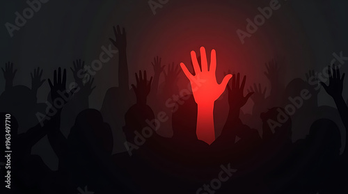 AI Concept of Protest Crowd with Red Warning Hand Symbol for Stop Violence
