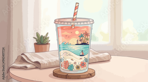 Colorful Beach Scene Tumbler Cup.