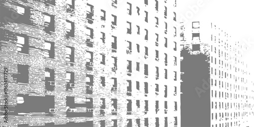 High contrast black and white architectural perspective of city apartment buildings with minimalist stencil art effect