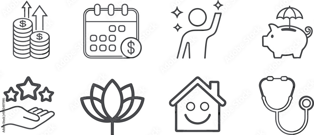Fototapeta premium Line icons set representing finance wellness healthcare home savings and personal growth concepts in clean minimal outline vector style design