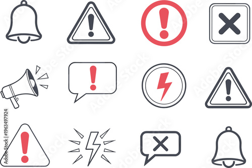 Collection of notification and caution symbols including alerts errors warnings and announcements for UI interfaces safety messages and communication systems