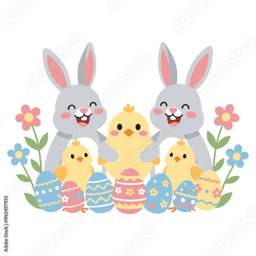 Happy easter bunnies and chicks with colorful decorated eggs design.
