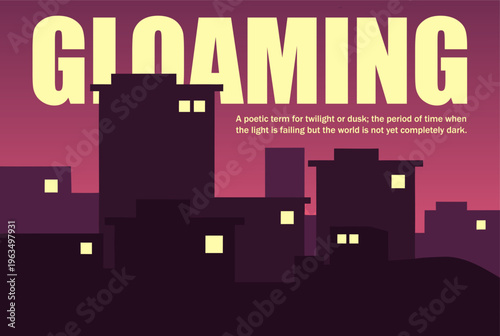 Flat Design Urban Cityscape at Twilight with Glowing Windows and Purple Gradient Sky Background for Social Media Banner