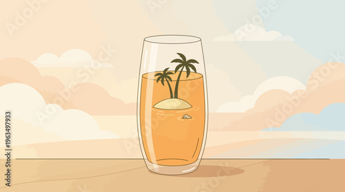Glass with orange drink and palm trees.
