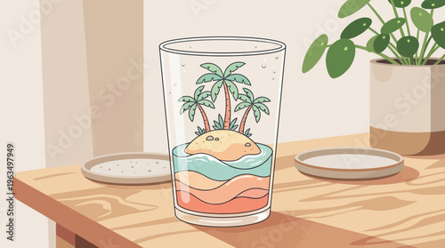 Glass with tropical island design inside.