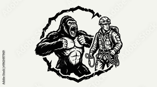 gorilla and soldier in combat stance.