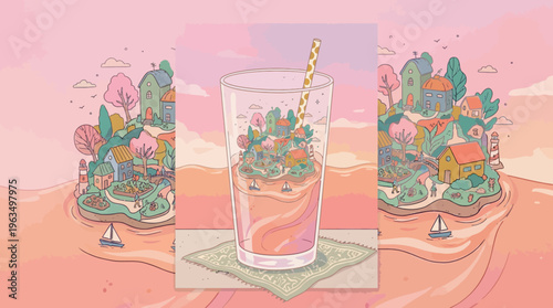 Glass with straw and floral design.