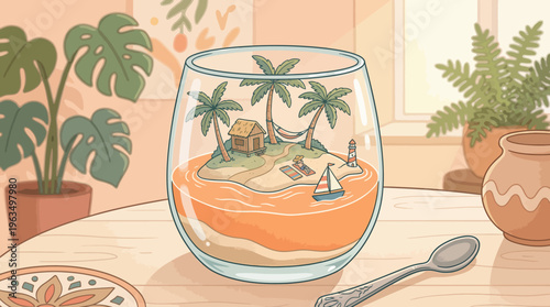 Glass with tropical island miniature scene.