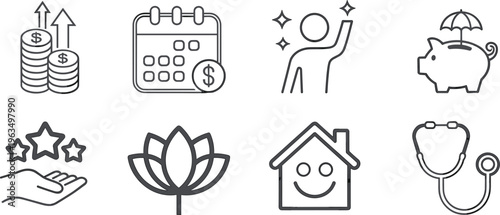 Line icons set representing finance wellness healthcare home savings and personal growth concepts in clean minimal outline vector style design