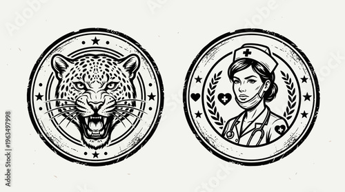 Illustration of a nurse and jaguar head.
