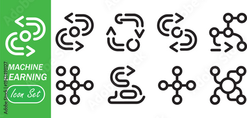 Machine Learning Icon Set with Neural Network, Data Processing, and AI Algorithm Line Icons