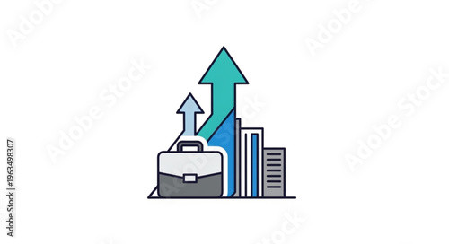 Business Growth Illustration - Upward Arrows, Briefcase, and Building Icons.
