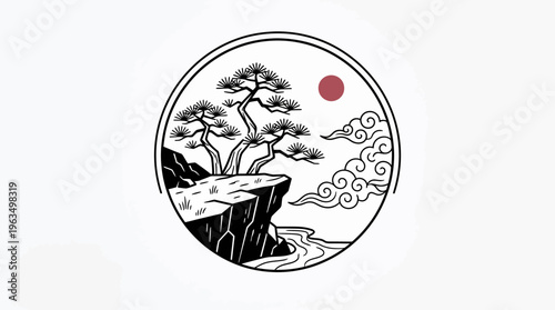 Tree on Cliff Side Landscape Illustration.