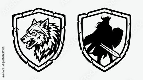 Wolf and knight shields logo symbols.