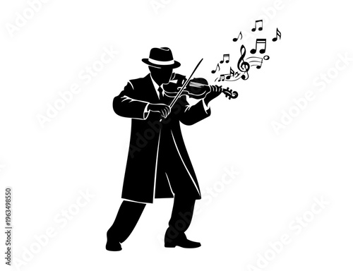 Classical violinist performing with music notes