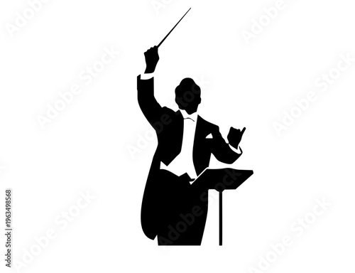 Music conductor leading orchestra silhouette