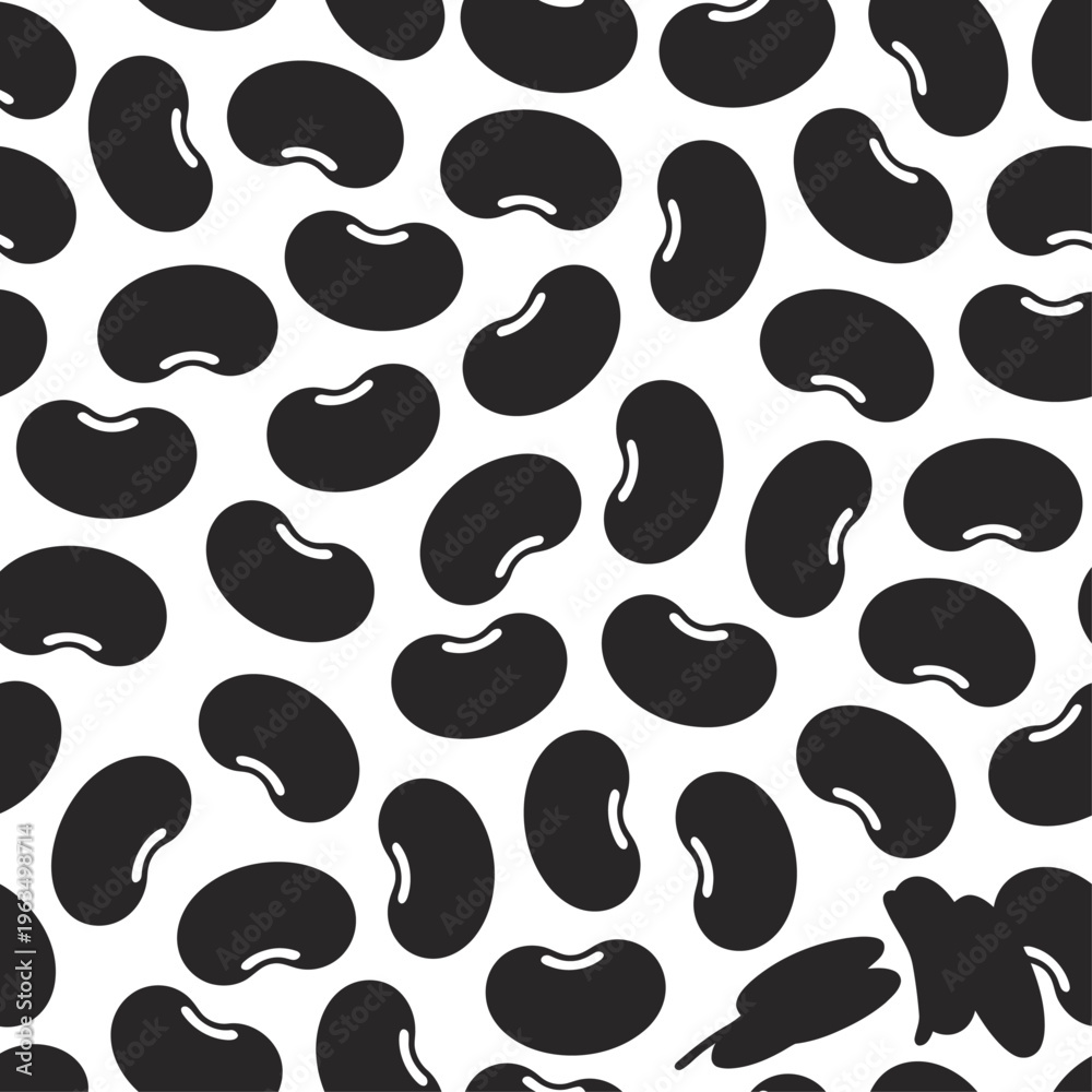 Fototapeta premium Repeating seamless vector pattern of black beans with curved contours
